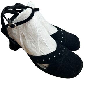 Highlights Black Suede Ankle Strap Heels Rhinestone Accents Women's Size 9